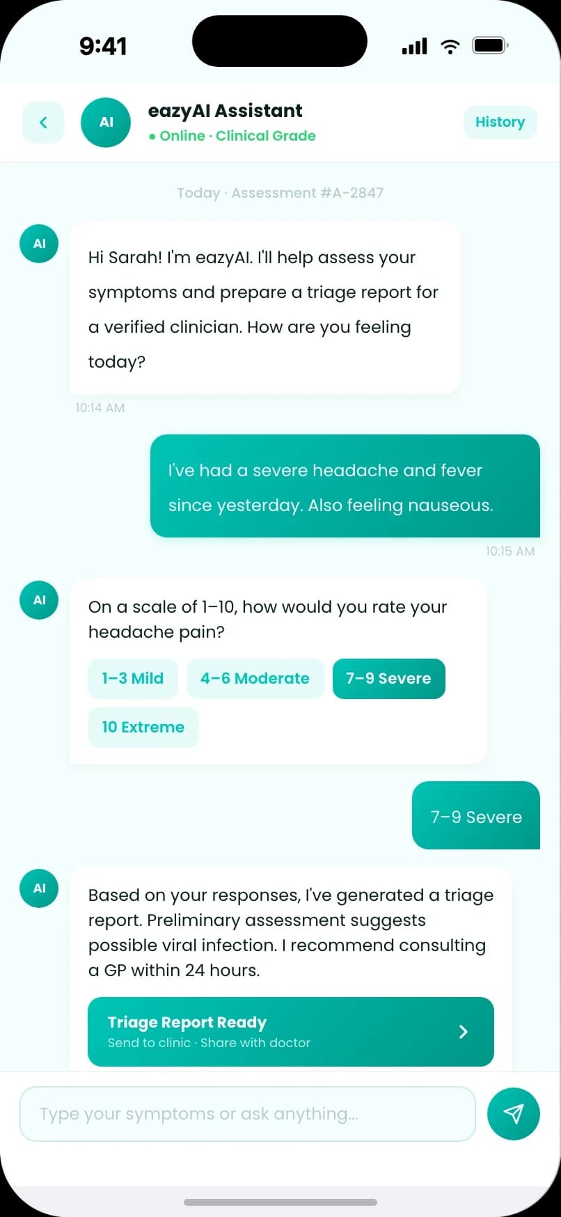 eazyAI assistant chat assessing symptoms