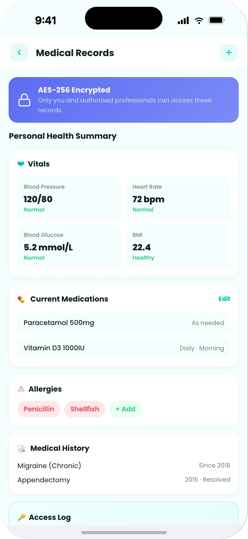 Encrypted medical records and vitals