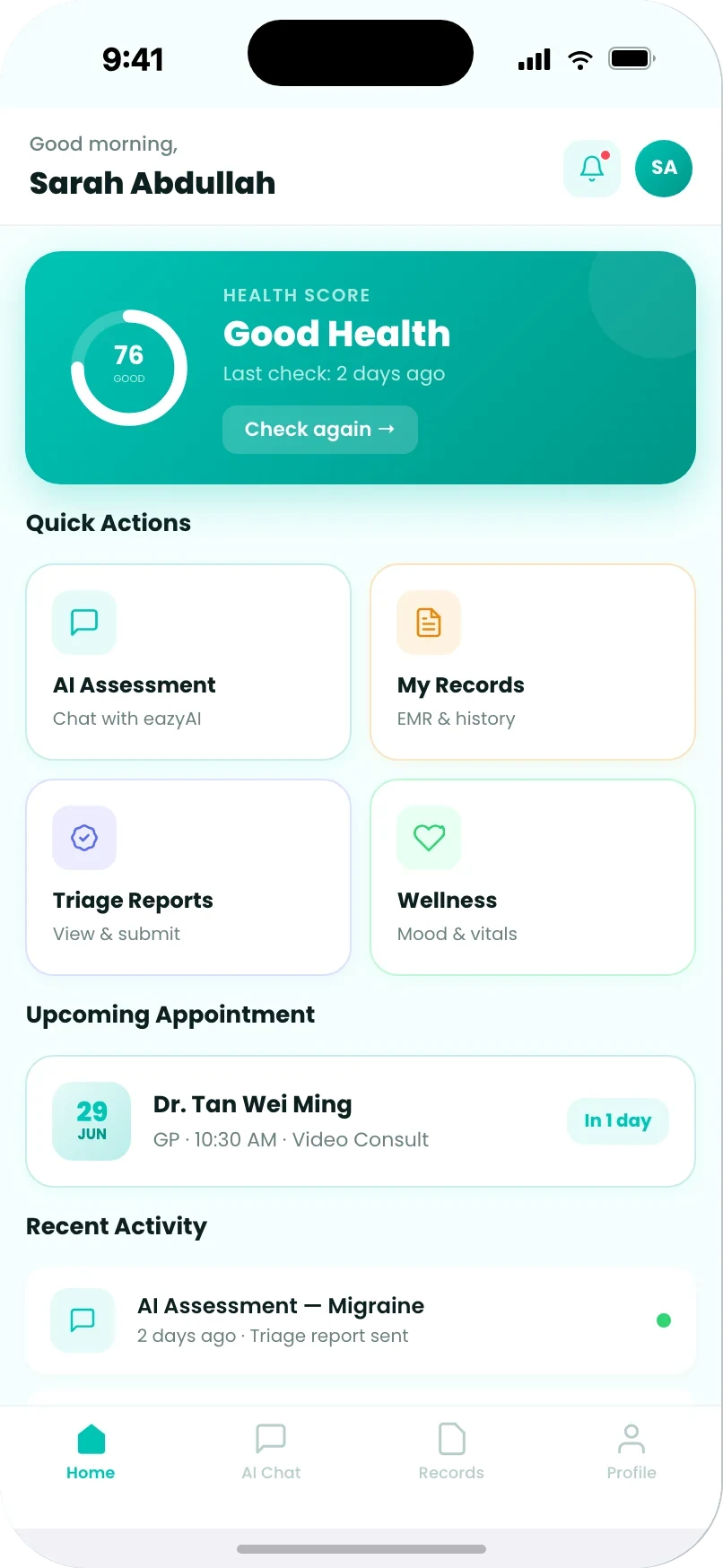 eazyCare.Ai app — patient home with health score, quick actions and appointments