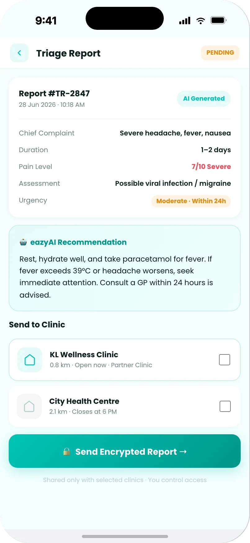 AI-generated triage report ready to share