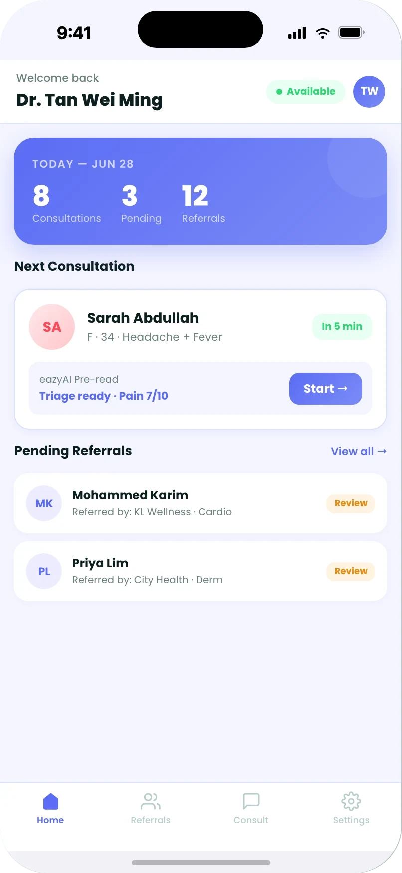 eazyCare.Ai doctor dashboard with AI-briefed patient queue